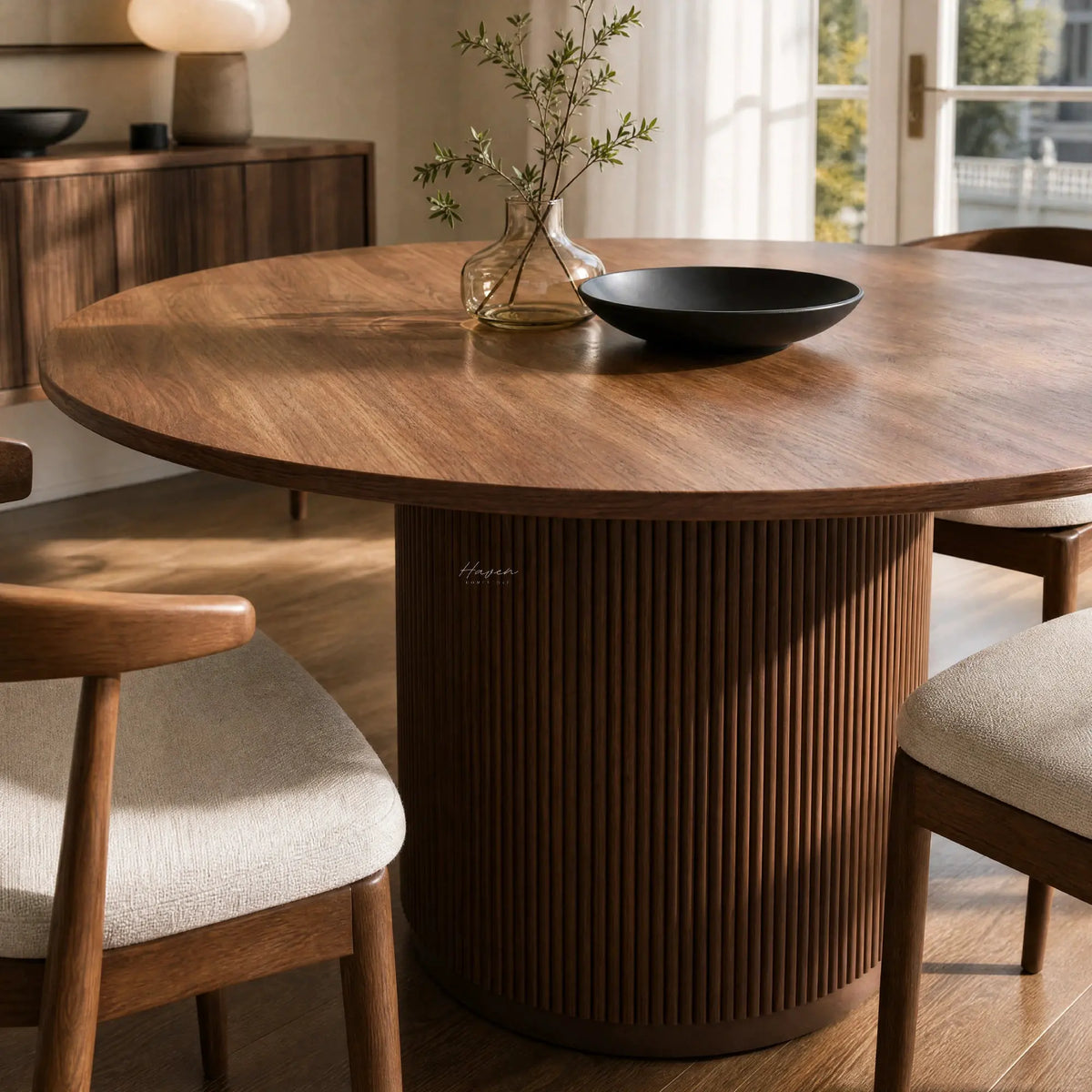 Sora Dining Table - Walnut: round top with fluted pedestal base, fir wood and timber veneer.