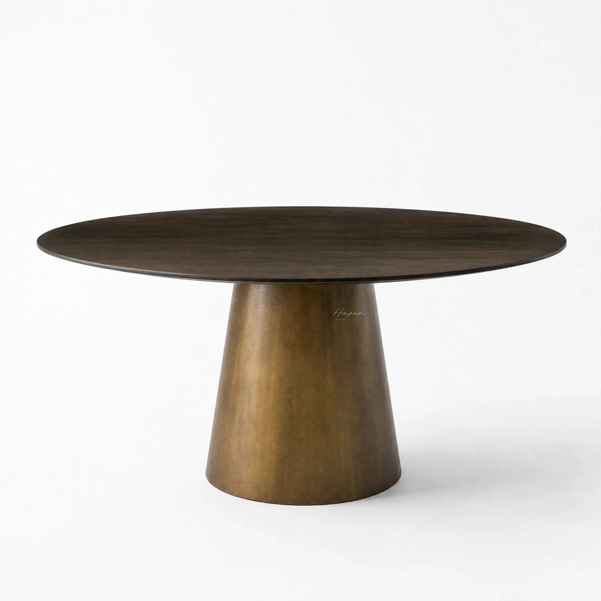 Mika Dining Table in dark mango wood with a round top and tapered pedestal, Japandi style.