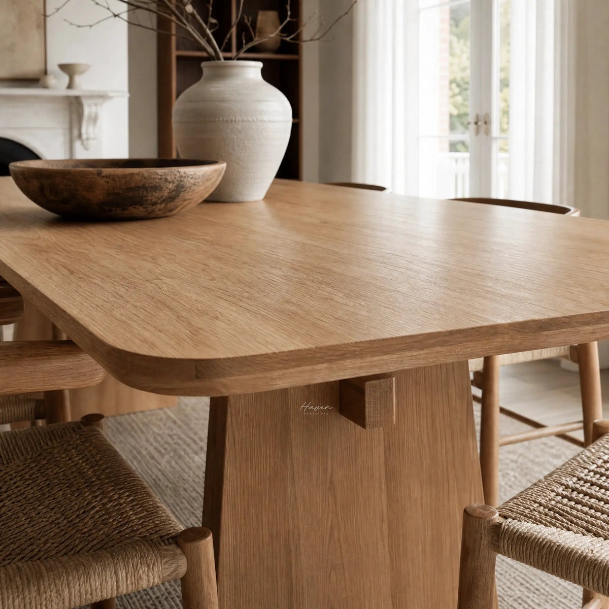 Mikkel Dining Table in natural oak veneer with softly rounded edges; Nordic design for warm, everyday dining.