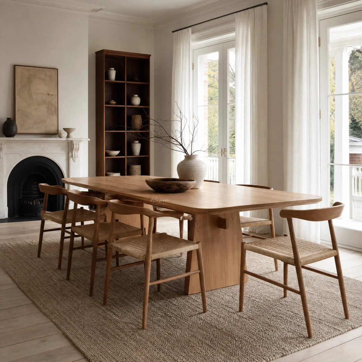 Mikkel Dining Table in natural oak veneer with softly rounded edges, Nordic design in a sunlit dining room.