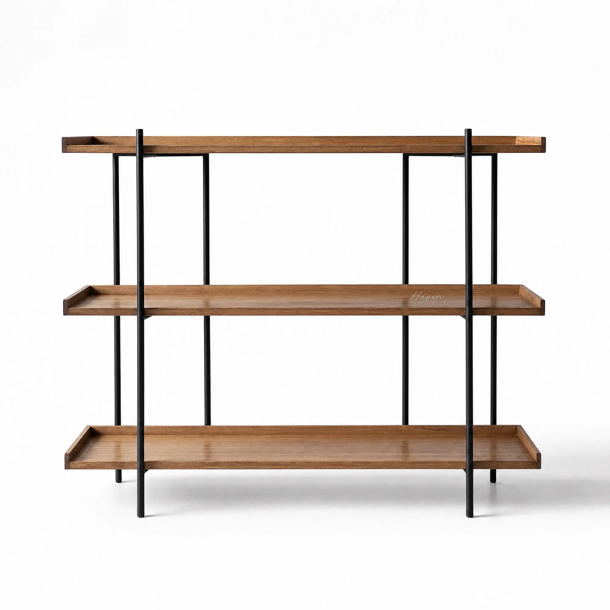 Hakari Shelves - Natural: oak shelves with slim black metal frame, airy display for books and ceramics.