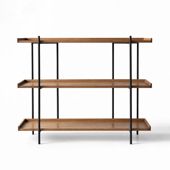 Hakari Shelves - Natural: oak shelves with slim black metal frame, airy display for books and ceramics.