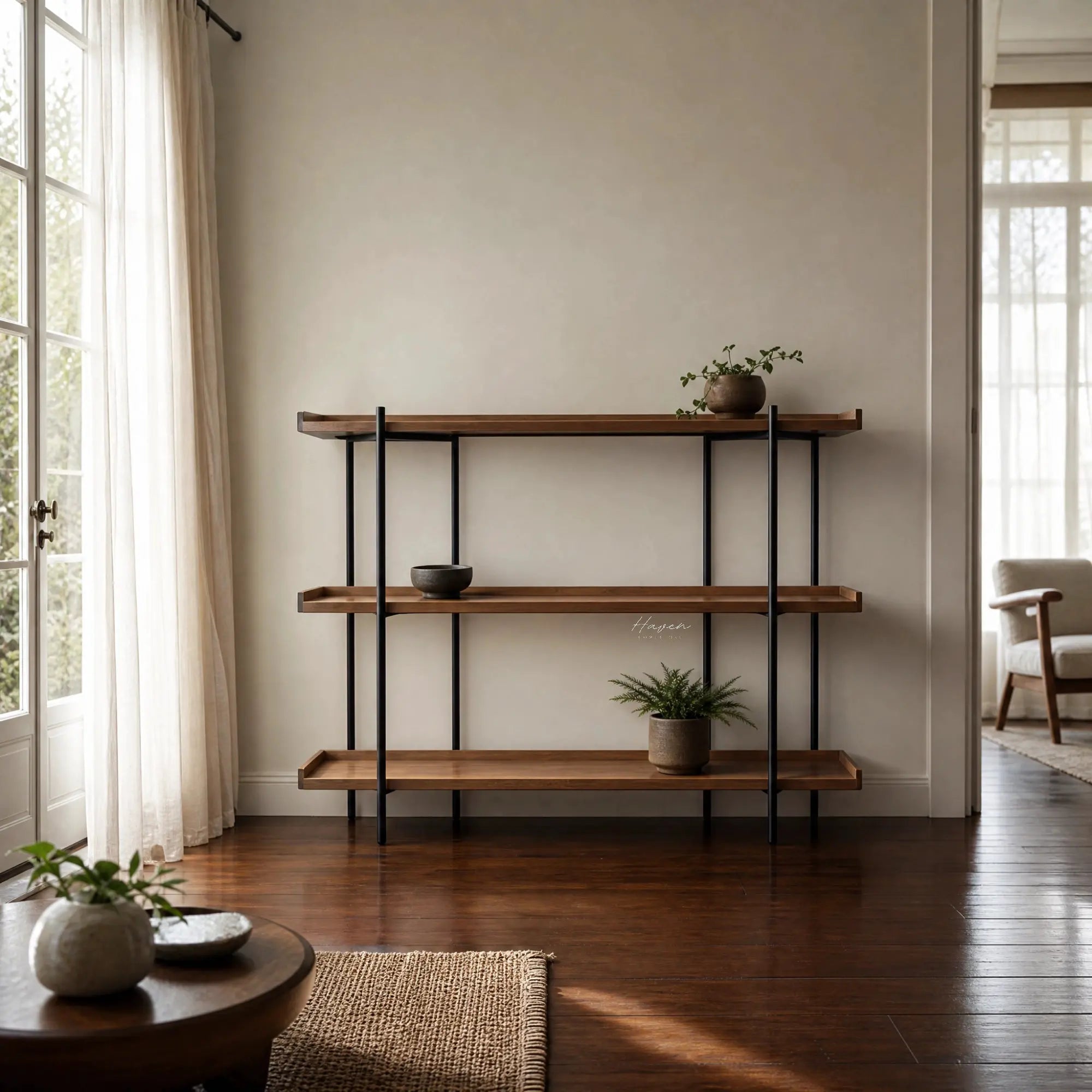 Hakari Shelves - Natural: oak shelves on a slim black iron frame in a bright, plant-filled living space.