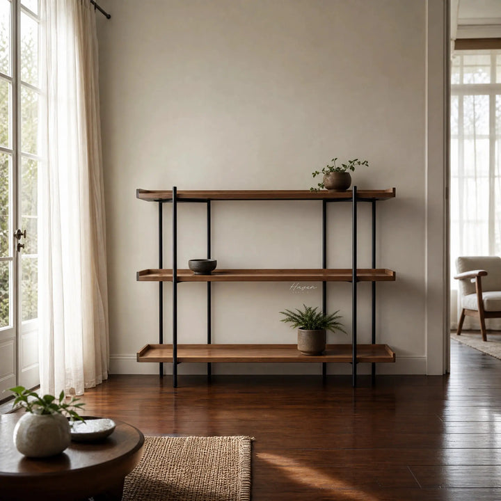 Hakari Shelves - Natural: oak shelves on a slim black iron frame in a bright, plant-filled living space.