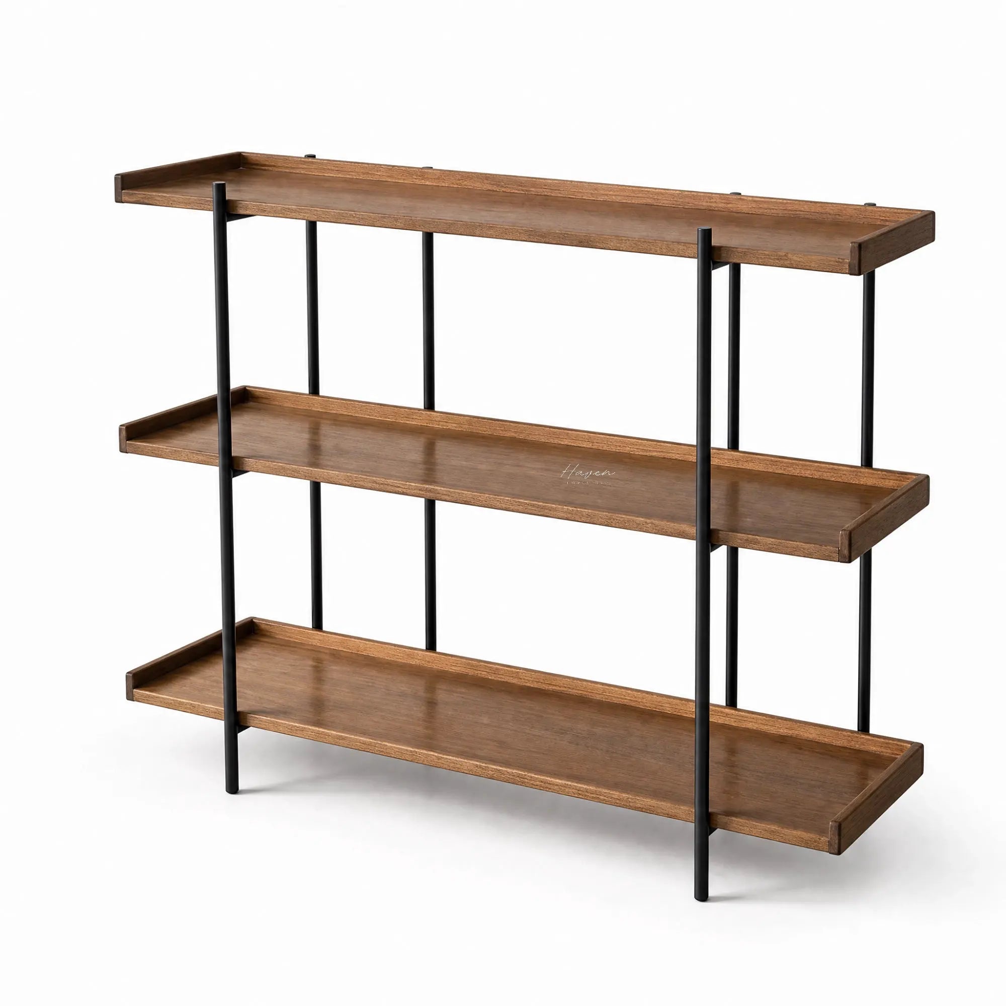 Hakari Shelves - Natural: oak shelves with a slim black iron frame for airy storage of books and ceramics.