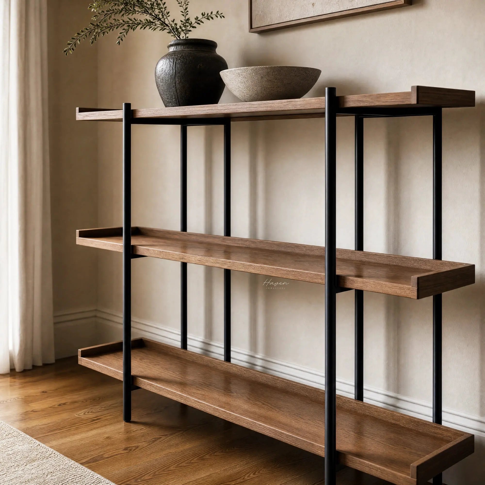 Hakari Shelves - Natural: oak shelves with a slim black iron frame, open storage for books and ceramics.