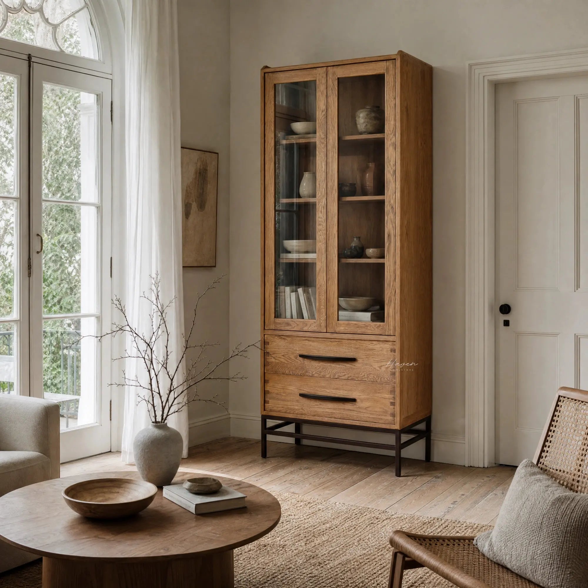 Halden Display Cupboard in solid oak with glass doors, showing ceramic vessels in a sunlit Scandinavian living room.