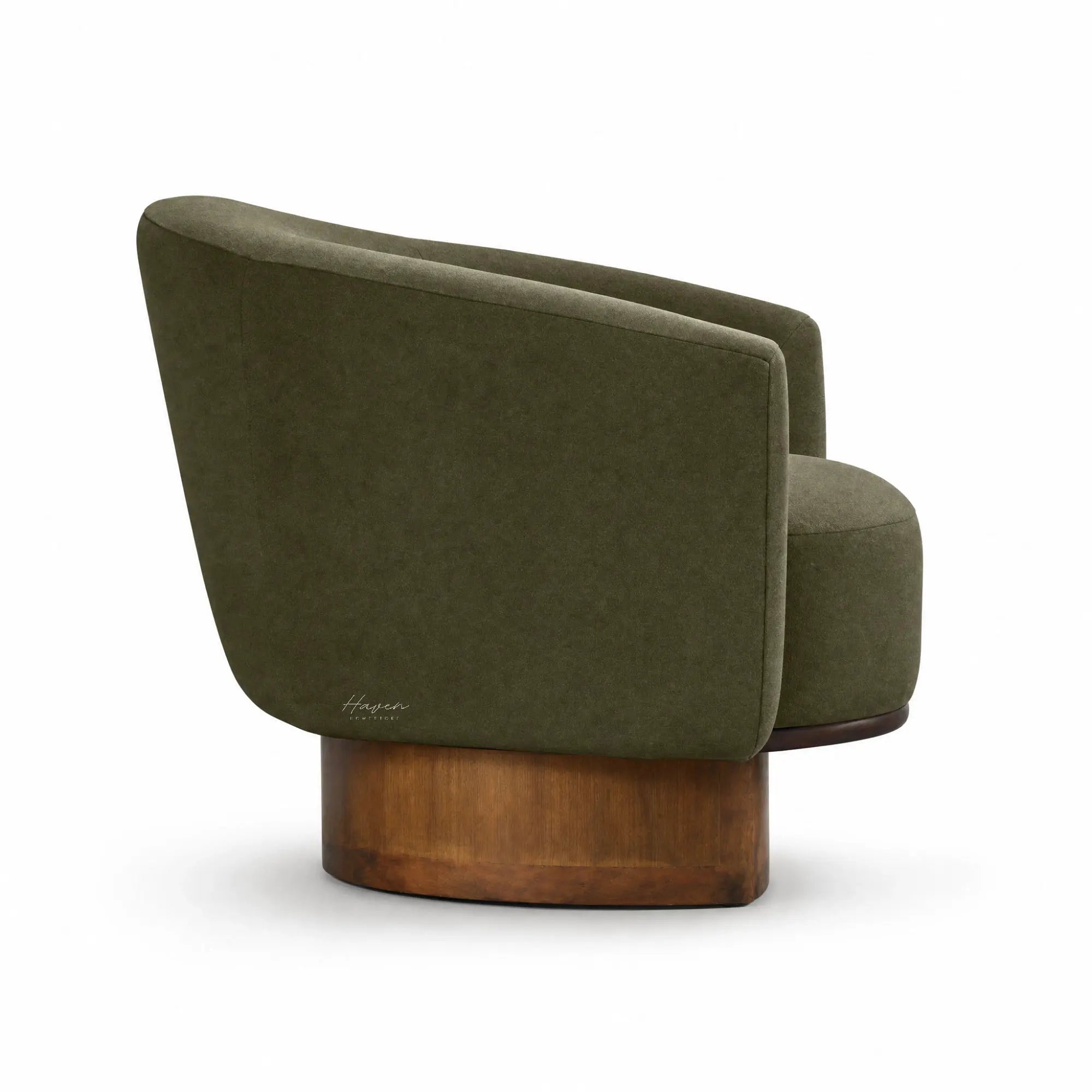 Back view of an Aalto Chair in deep olive mohair upholstery featuring a curved solid wood base and generous barrel silhouette.