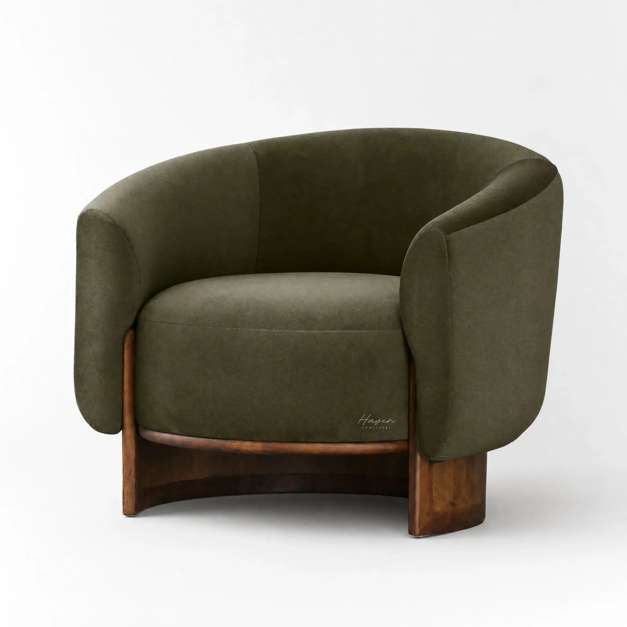 Olive mohair barrel chair with curved solid wood base, featuring soft pile upholstery and a generous silhouette.