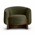 Barrel-style olive mohair chair with soft pile upholstery and a curved solid wood base.