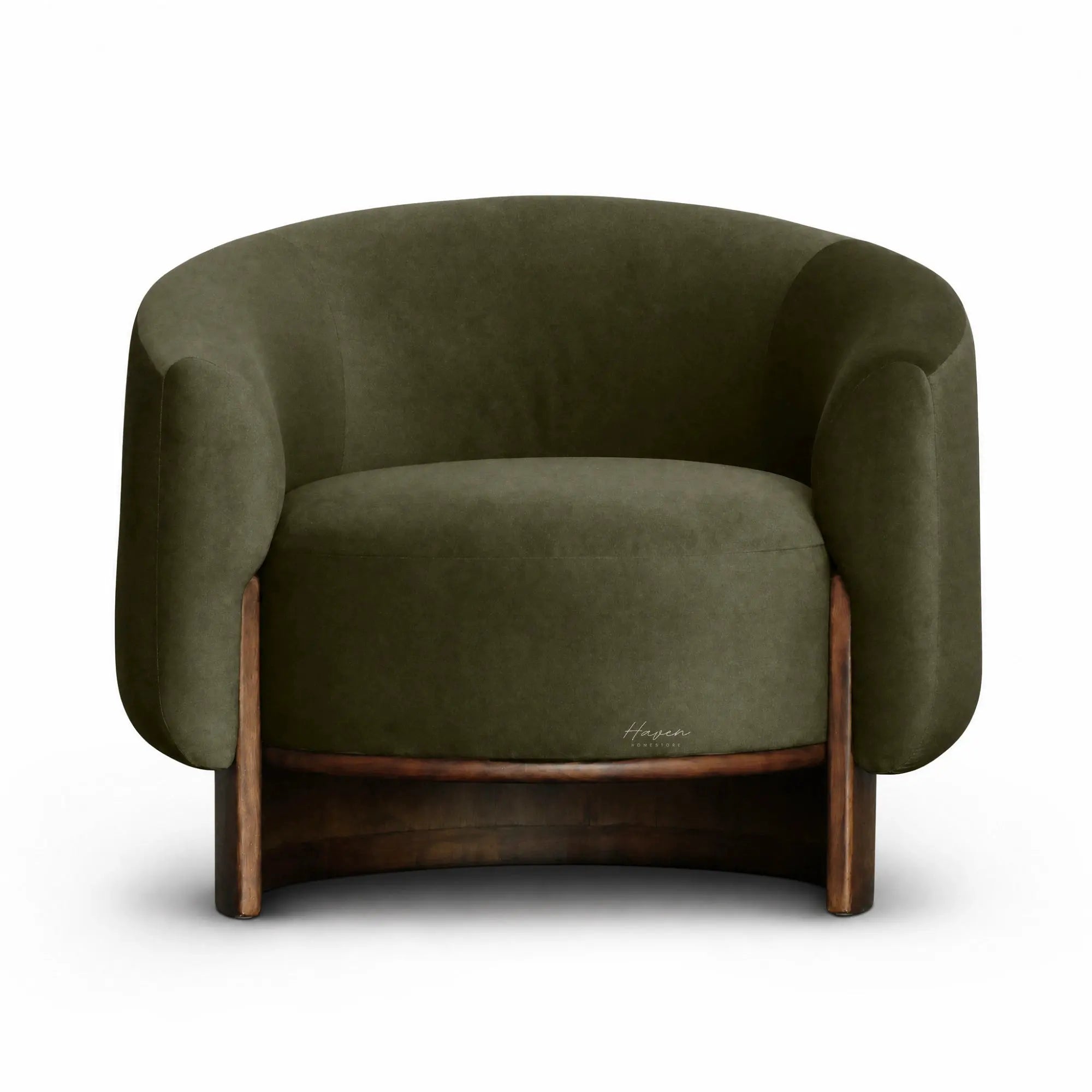 Barrel-style olive mohair chair with soft pile upholstery and a curved solid wood base.