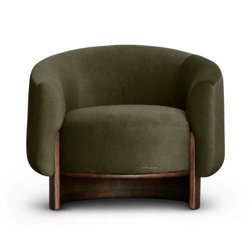 Barrel-style olive mohair chair with soft pile upholstery and a curved solid wood base.