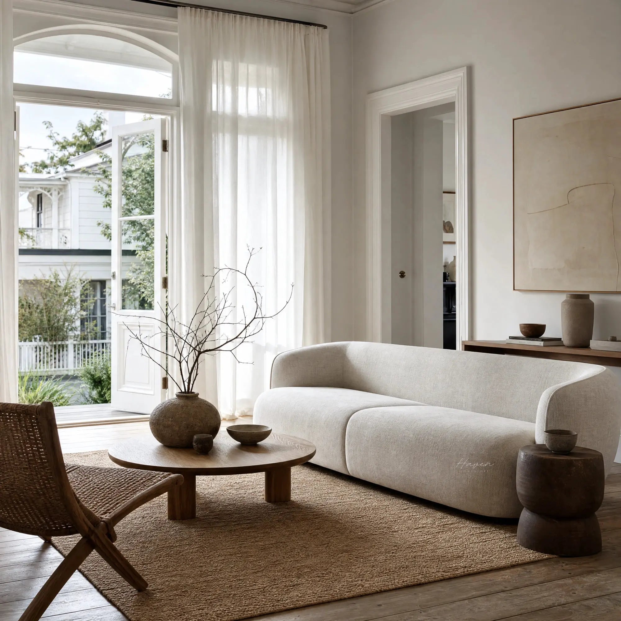 Low profile Luno sofa with a continuous curved back and pale textured upholstery bringing architectural calm to a serene living room.