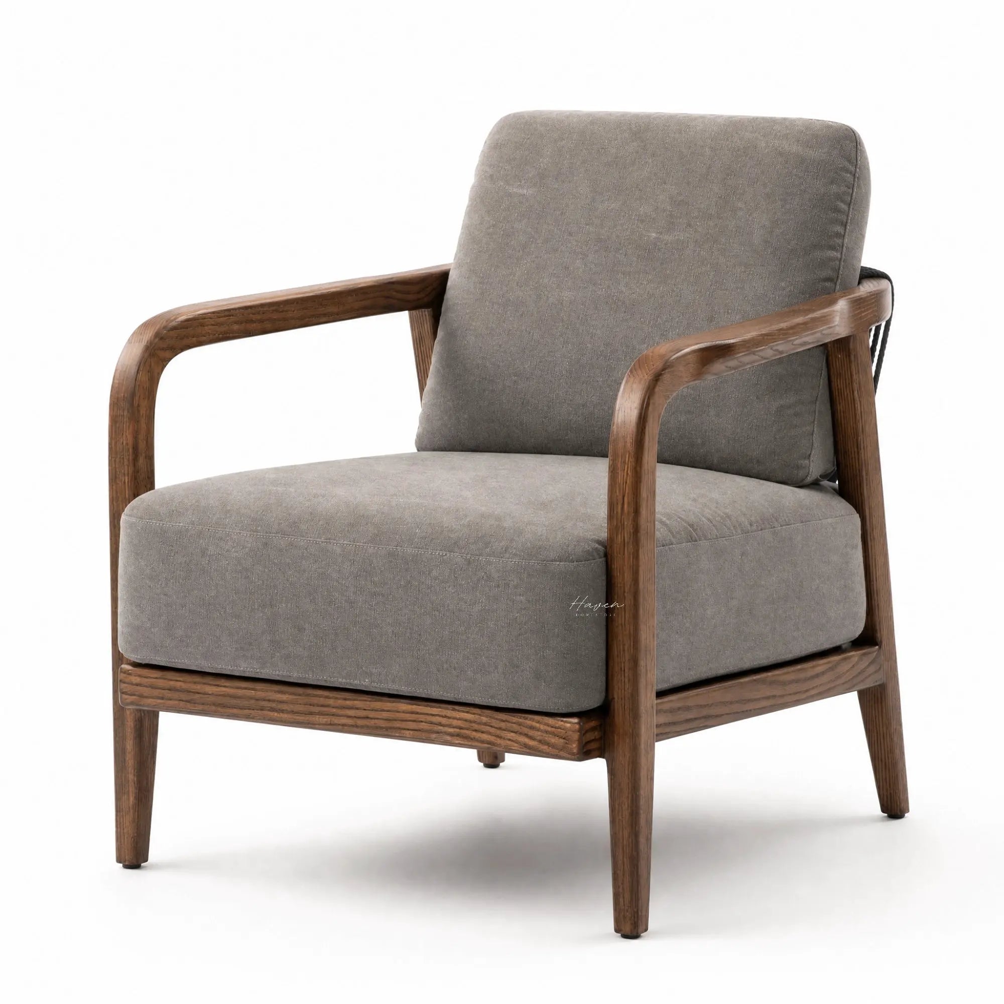 Kiso Chair featuring a deep walnut stained solid ash frame with gracefully curved arms and soft grey restraint upholstery.