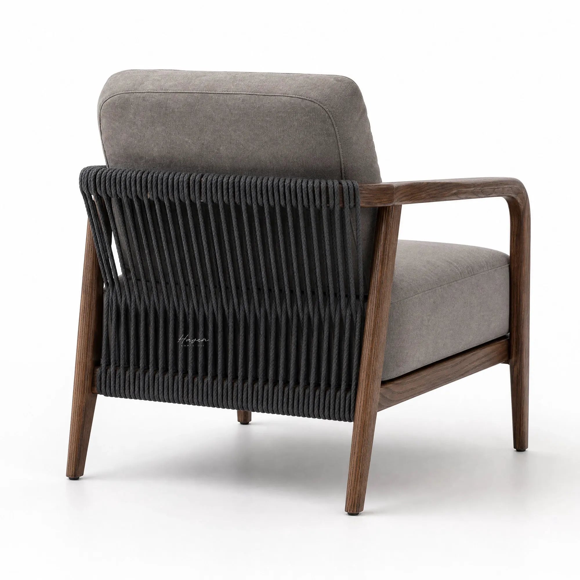 Back view of the Kiso Chair featuring a walnut wood frame, grey upholstery, and a woven rope open-frame design.
