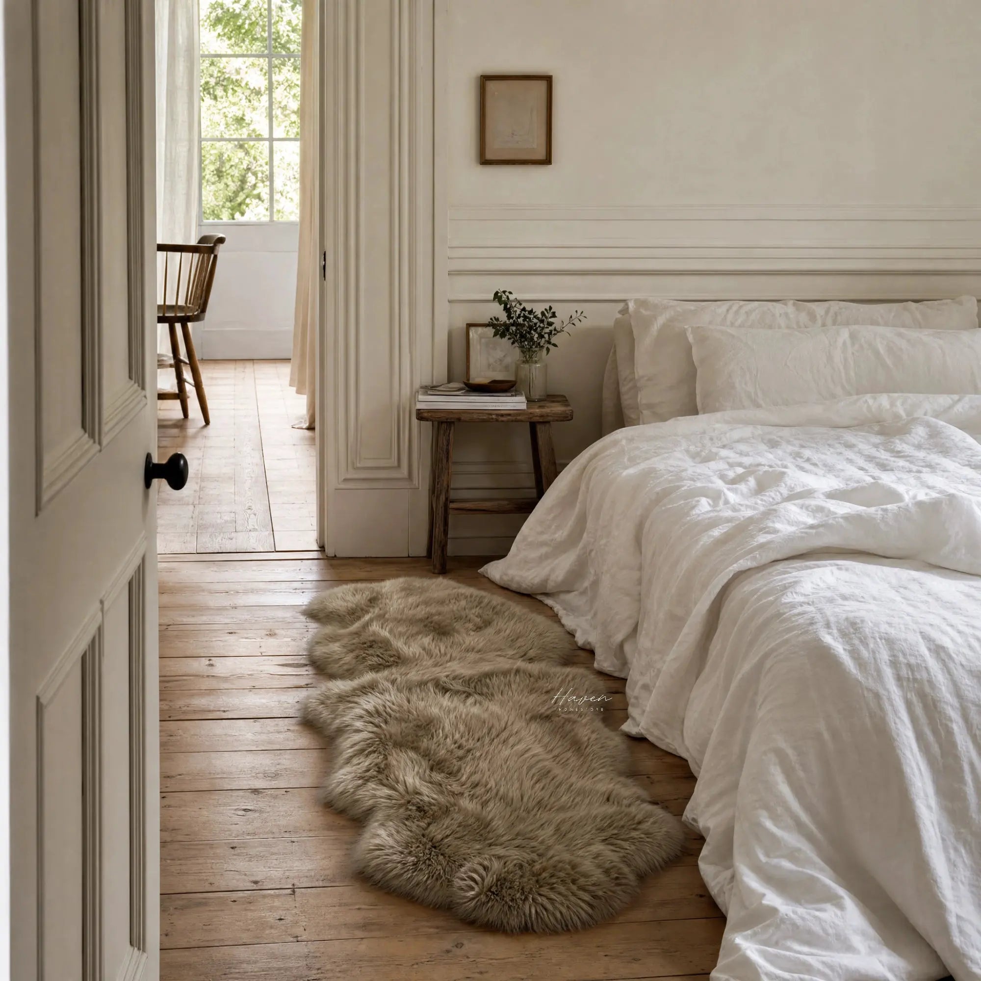 Taupe double sheepskin rug with long wool laid on wooden floor beside a white linen bed in a bright, rustic bedroom.