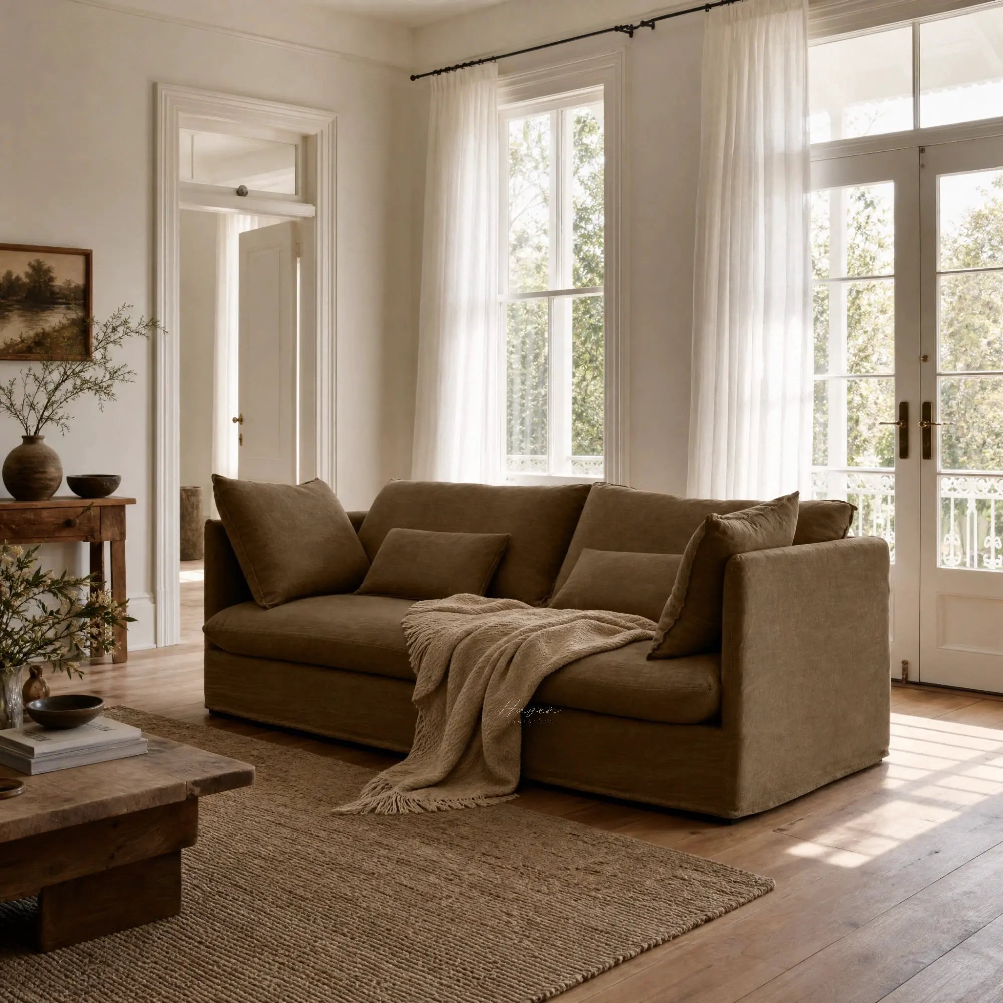 Nella slipcover sofa in mocha linen with loose cushions and relaxed silhouette in a sunlit living room.