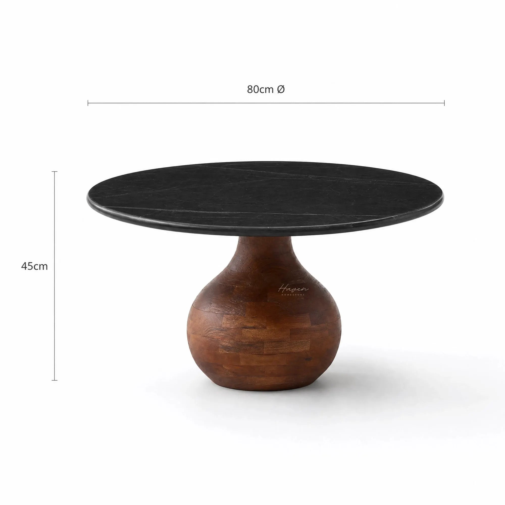 Round black marble coffee table with veining and a sculptural rounded mango wood pedestal base.