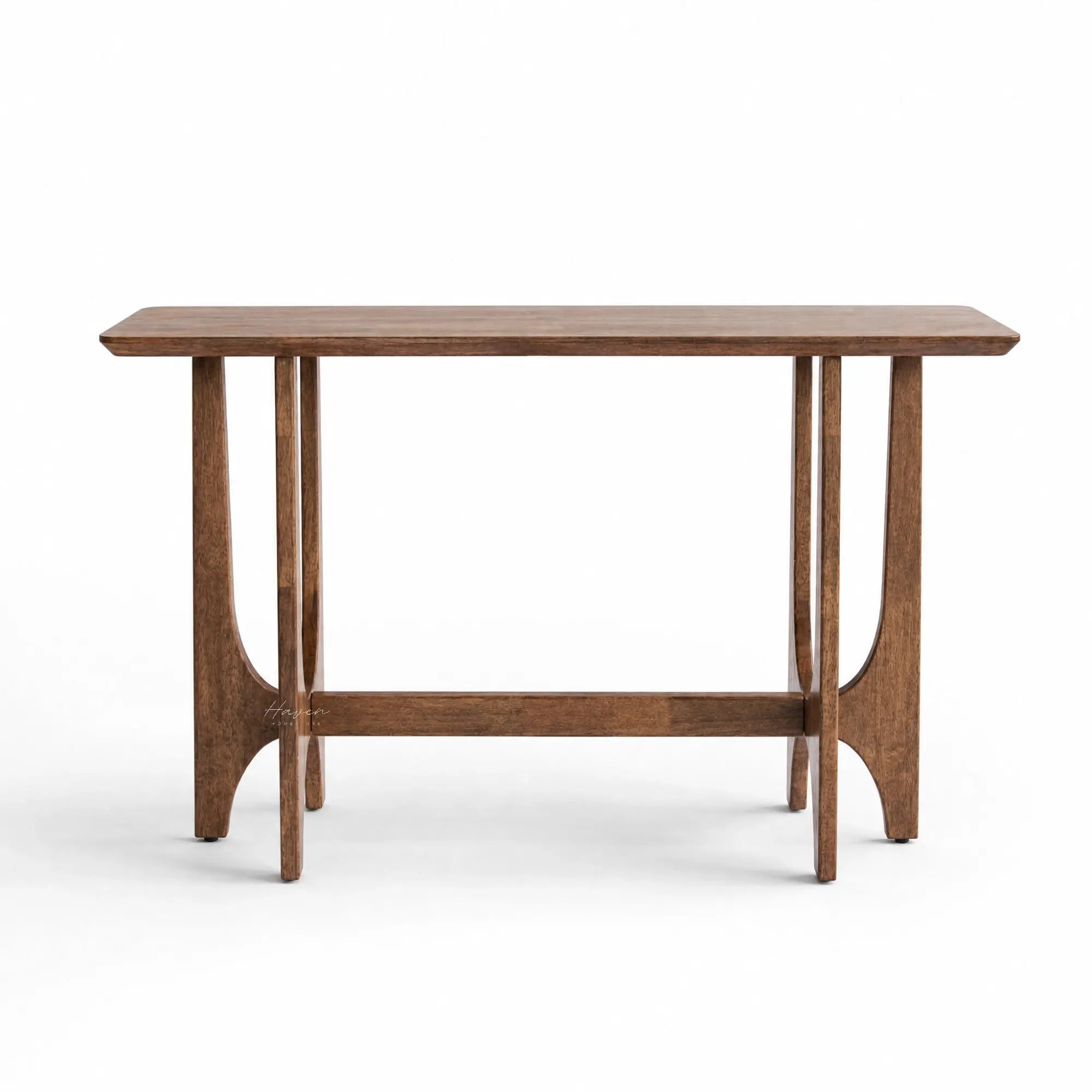 Slender rubber wood console table with softly sculpted supports and open framework, featuring a warm timber tone and light architectural presence.
