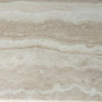 Close-up of Aalto Dining Table faux marble top showing pale stone-look surface with subtle horizontal veining and tonal variation.