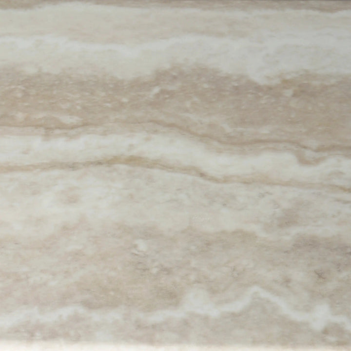 Close-up of Aalto Dining Table faux marble top showing pale stone-look surface with subtle horizontal veining and tonal variation.