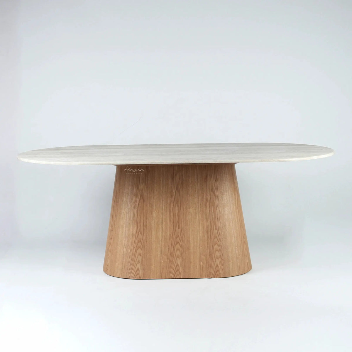 Oval Aalto dining table with rounded faux marble top and tapered wooden pedestal base, featuring a sculptural modernist silhouette.