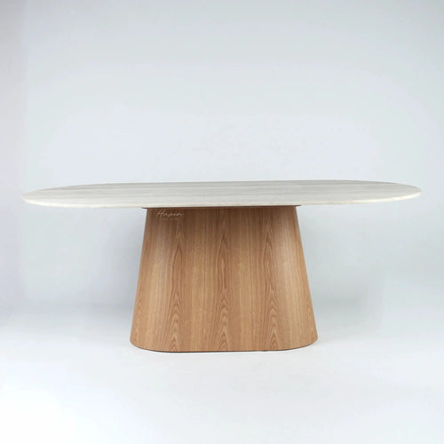 Oval Aalto dining table with rounded faux marble top and tapered wooden pedestal base, featuring a sculptural modernist silhouette.