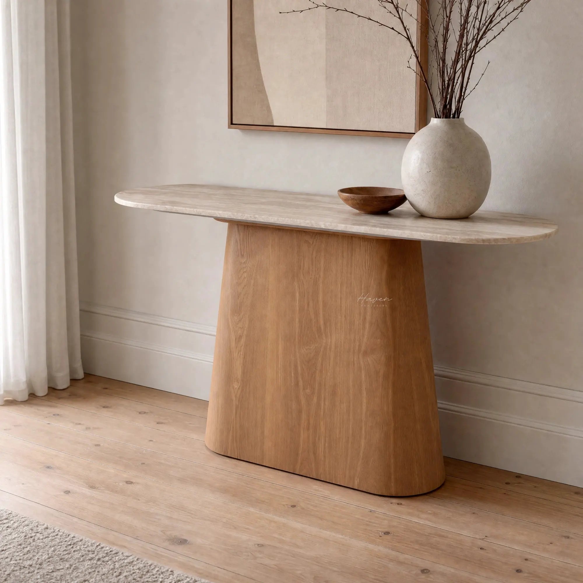 Aalto Console featuring a rounded faux marble top and tapered oak veneer base, creating a quiet arch with contrasting cool stone and warm timber textures.