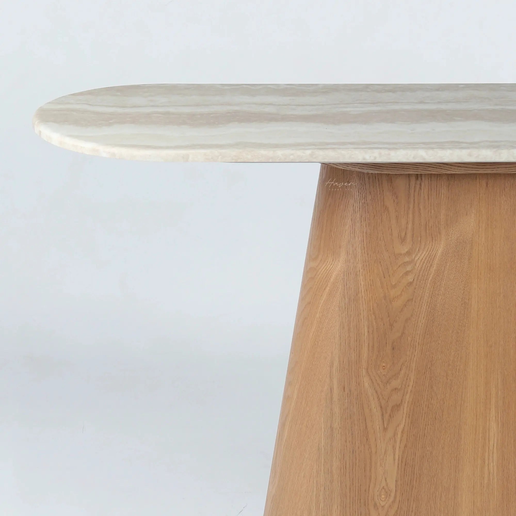Aalto Console with elongated faux marble top and sculptural oak-toned base.