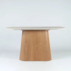 Aalto Console with an elongated faux marble top and a gently tapered oak-toned veneer pedestal.