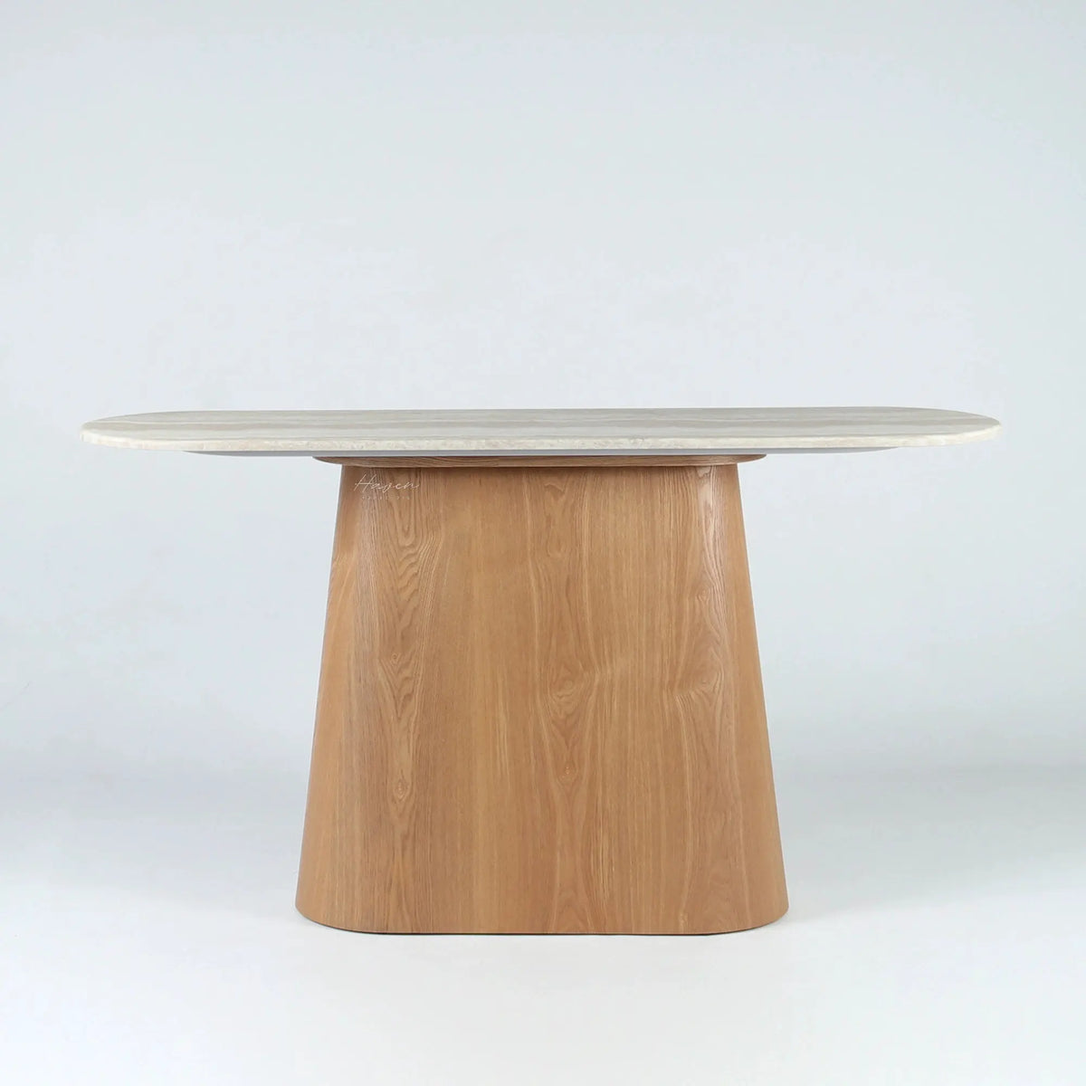 Aalto Console with an elongated faux marble top and a gently tapered oak-toned veneer pedestal.