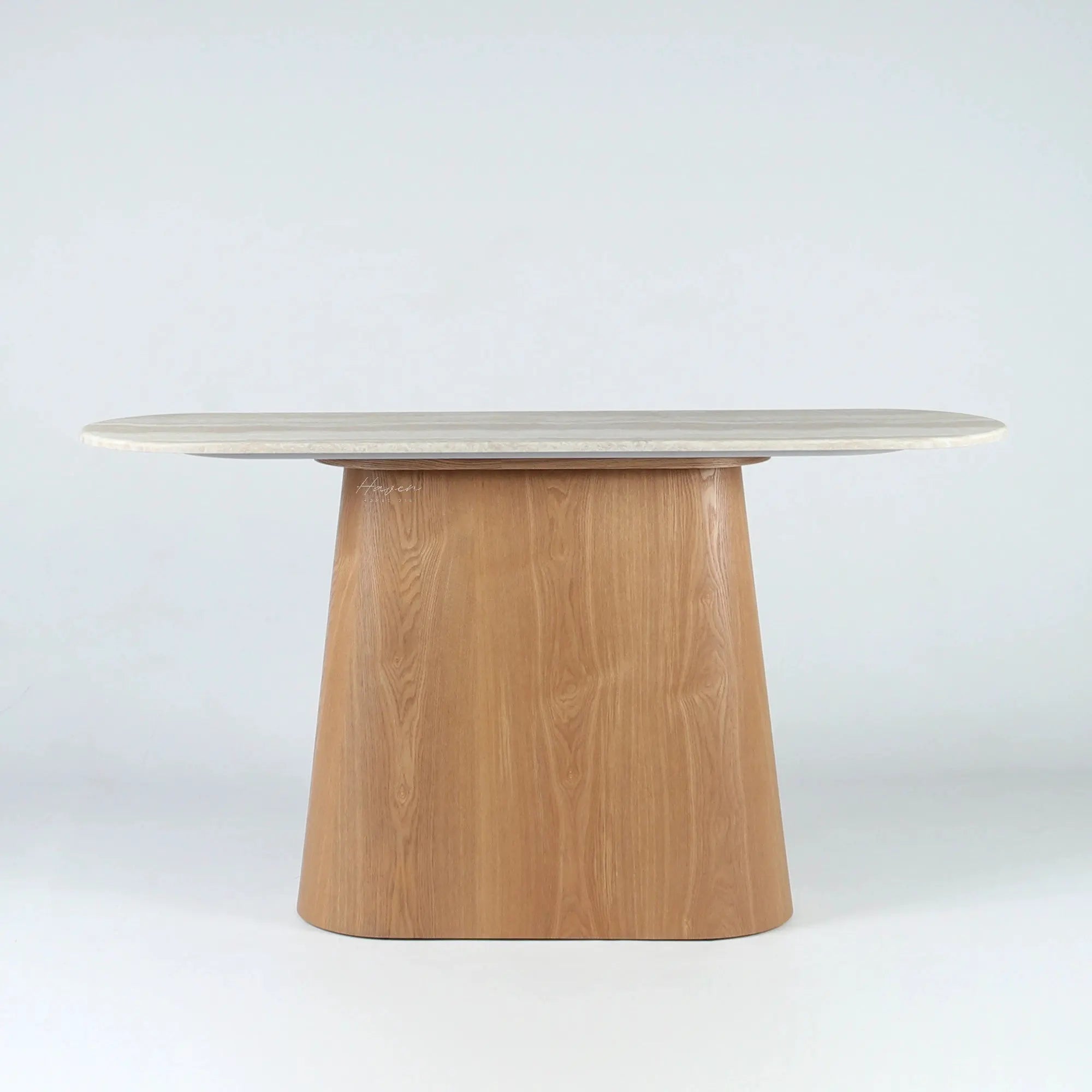 Aalto Console with an elongated faux marble top and a gently tapered oak-toned veneer pedestal.