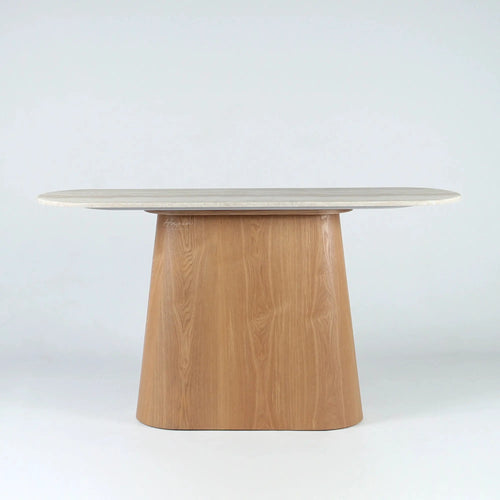 Aalto Console with an elongated faux marble top and a gently tapered oak-toned veneer pedestal.