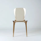 Transparent amber polycarbonate dining chair with curved back, continuous moulded construction, and slender legs.