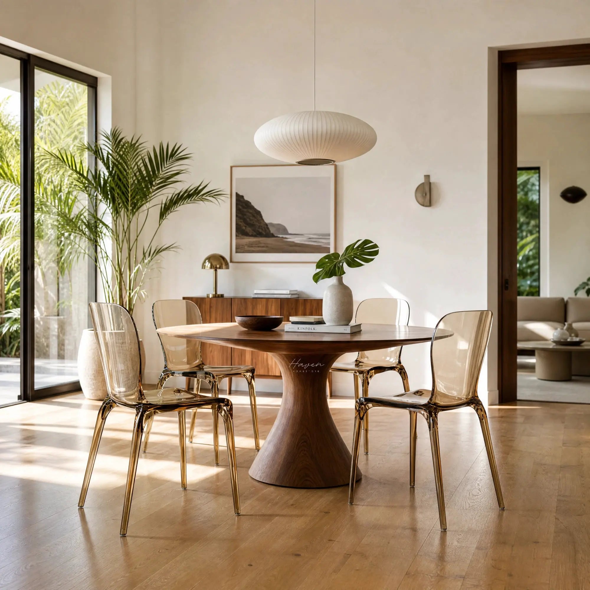 Set of four amber transparent polycarbonate dining chairs with slender legs arranged around a wooden pedestal table in a sunlit room.