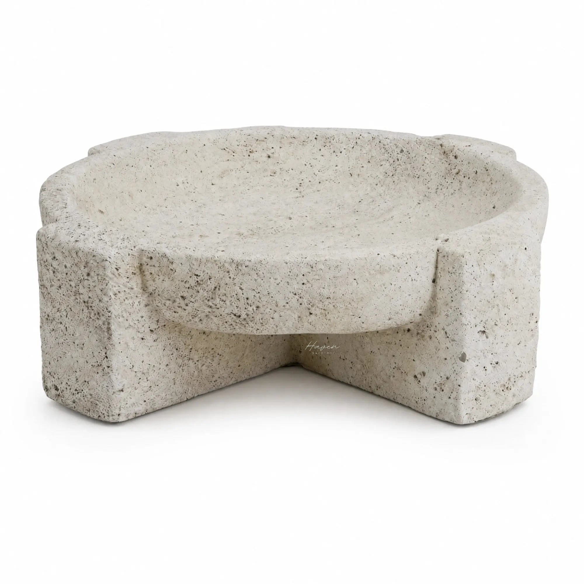 Textured concrete bowl with a sculptural, irregular form and weathered stone appearance for coastal decor.