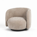 Oatmeal swivel chair with rounded enveloping back, textured polyester upholstery, and dark circular base.