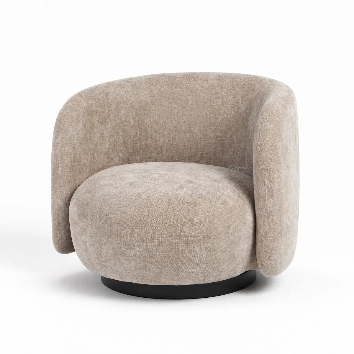 Oatmeal swivel chair with rounded enveloping back, textured polyester upholstery, and dark circular base.