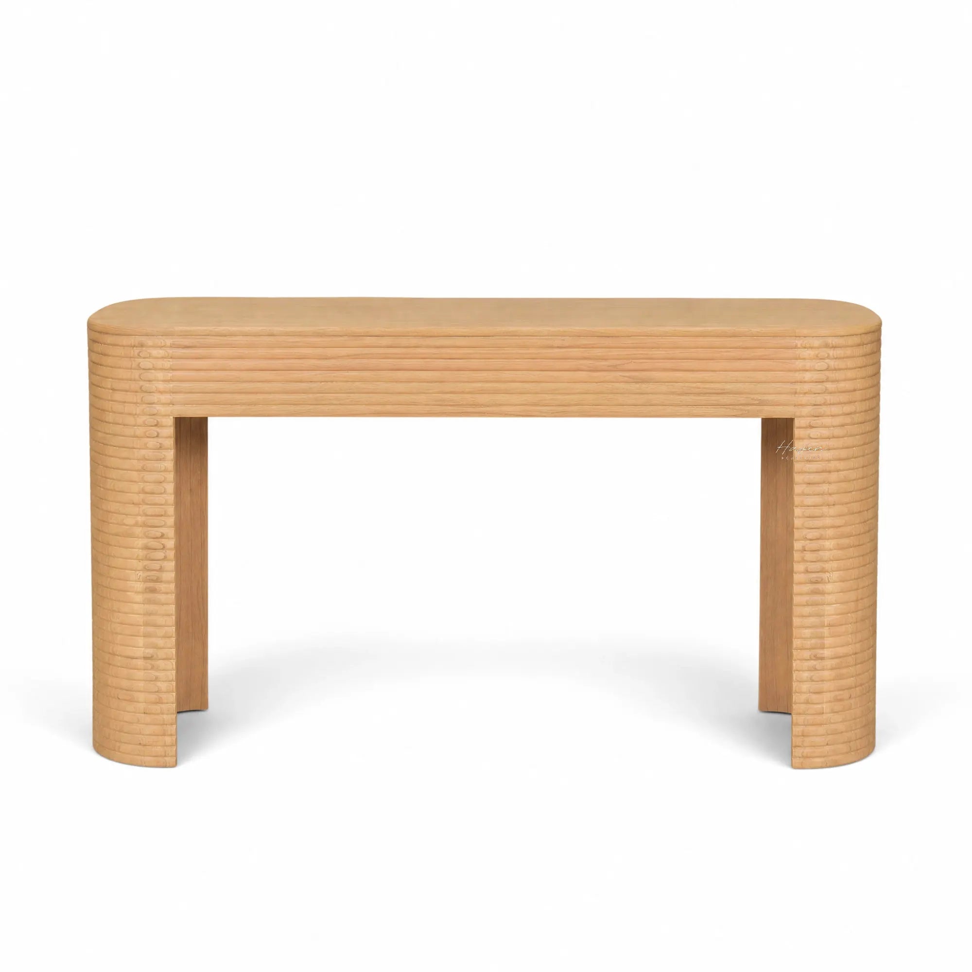Elva Console in mindi timber with softly rounded silhouette and horizontal carved detailing.