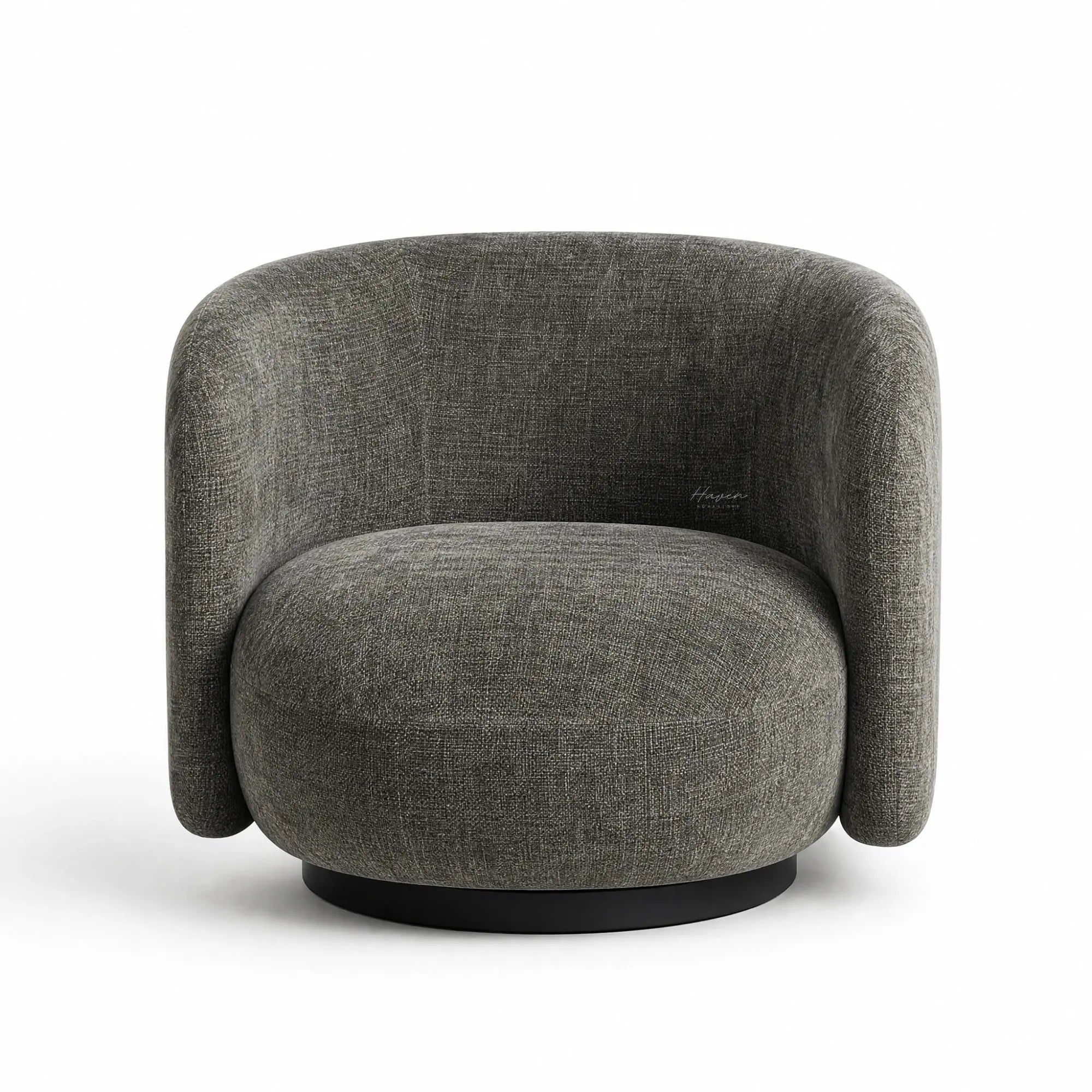 Textured moss green swivel chair with a rounded, enveloping back, soft cushion, and dark circular base.
