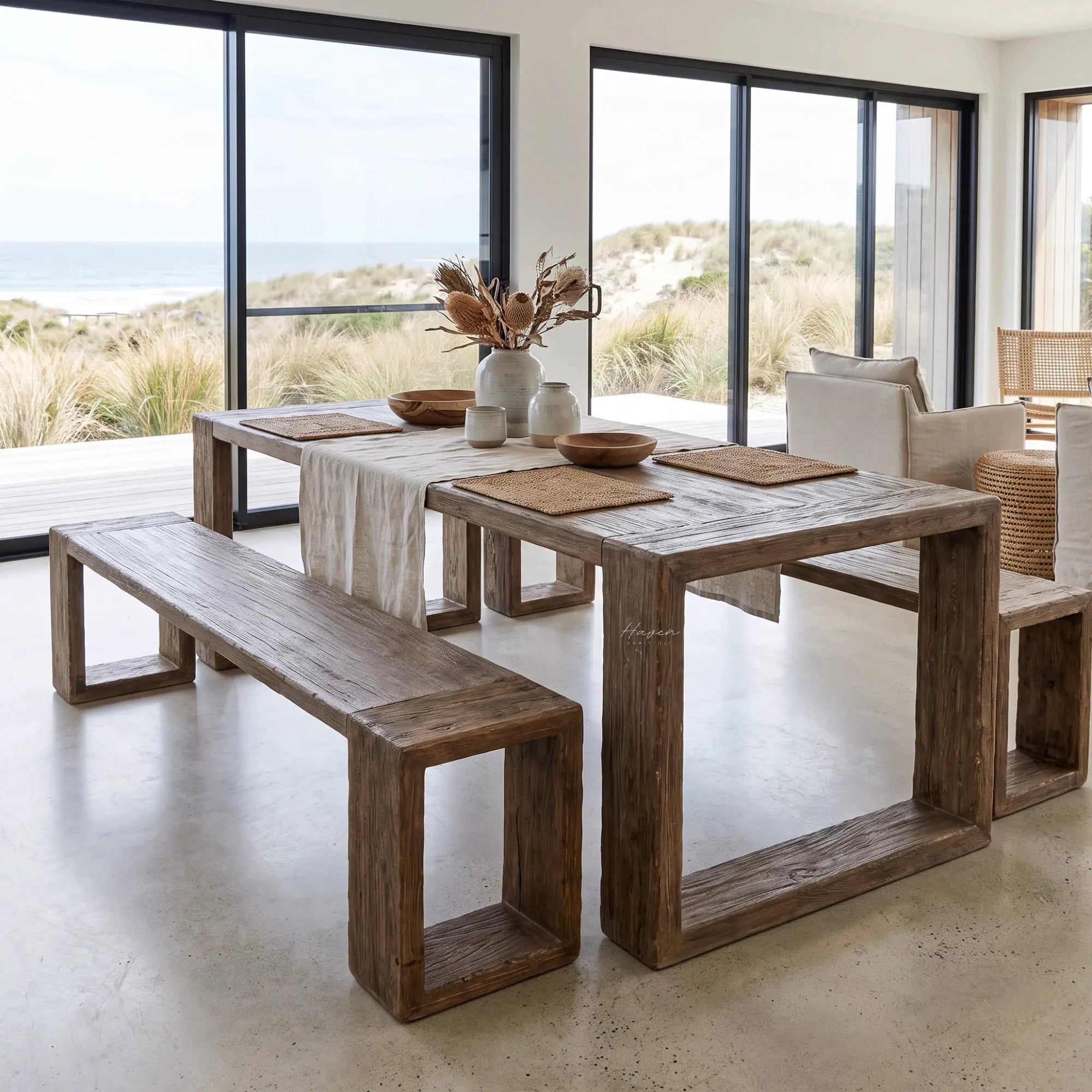 Reclaimed elm dining bench with substantial open box legs and irregular grain, paired with matching table in coastal dining space.