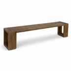 Long reclaimed elm dining bench with 220cm profile, substantial square leg supports, and naturally irregular grain.