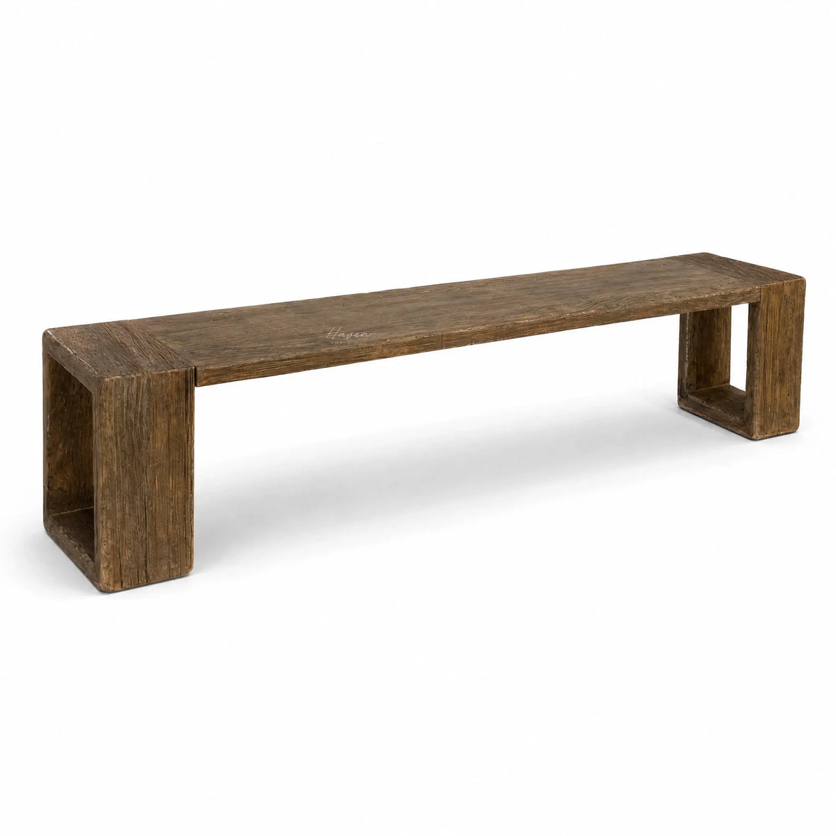 Long reclaimed elm dining bench with 220cm profile, substantial square leg supports, and naturally irregular grain.