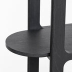 Close-up of black Hiro shelves featuring softly rounded corners, extending wood surfaces, and a tall open architectural framework.