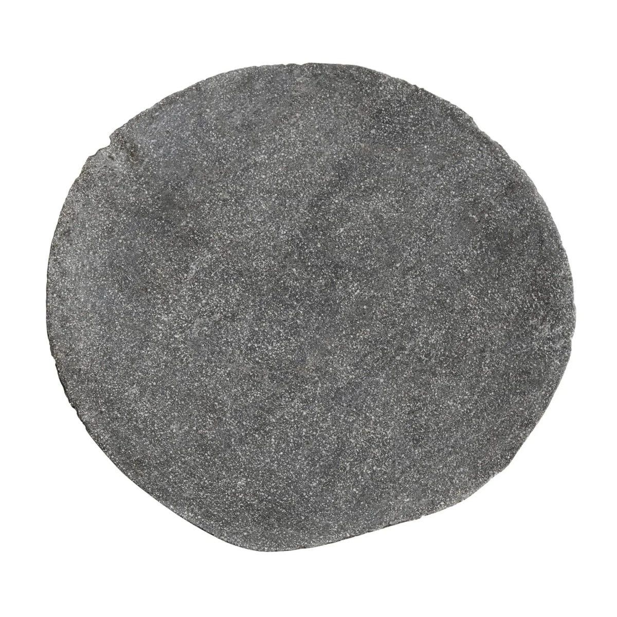 Riverstone plate with organic irregular edge and textured gray surface. Sculptural stone dinnerware with natural elemental character.