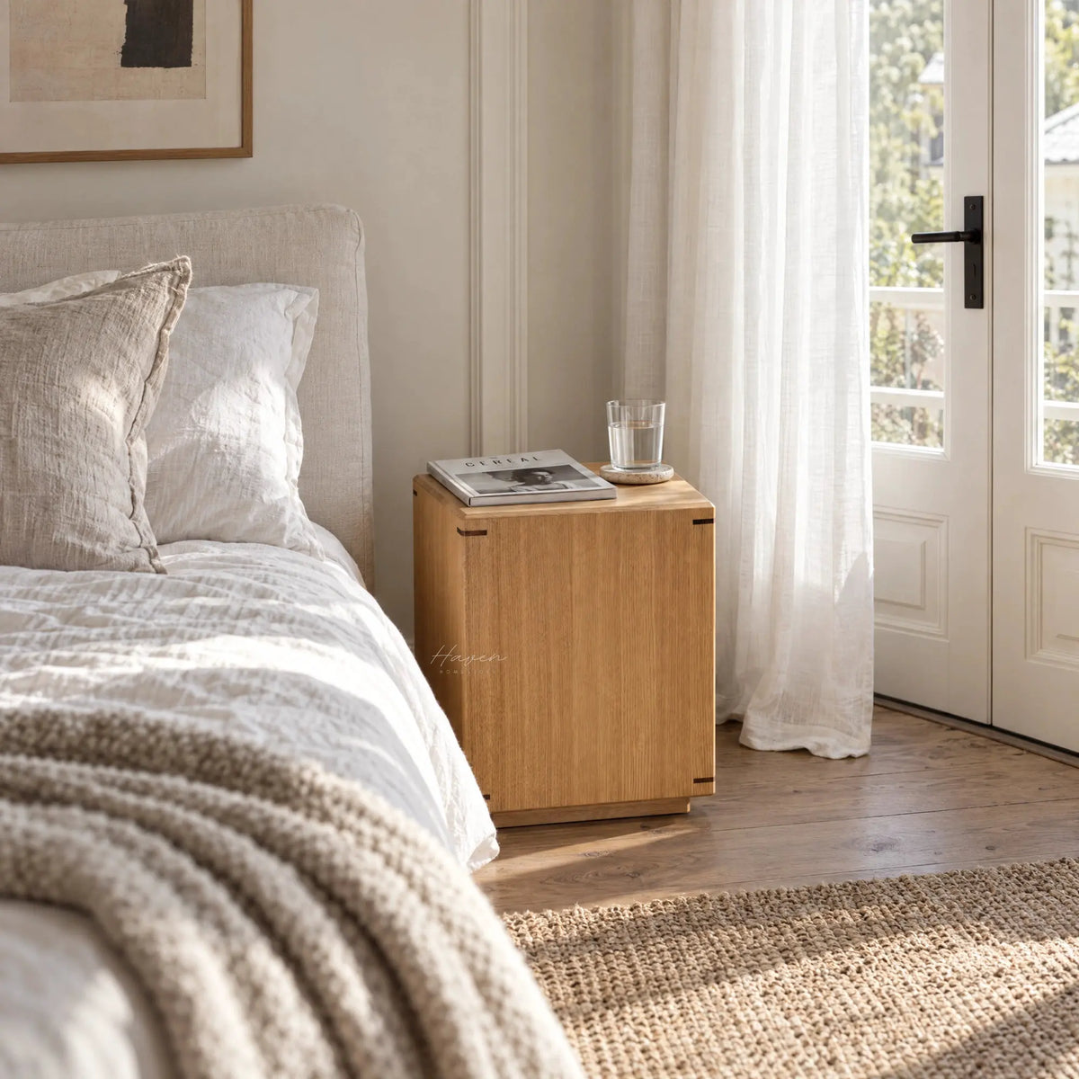 Japanese Side Table in Warm Oiled Oak with faceted details stands beside a linen bed holding a magazine and glass of water.