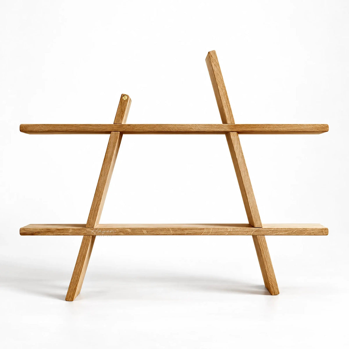 A-shelf oiled oak featuring a geometric A-frame design with two horizontal shelves made from 100% solid oak and a natural oil finish.