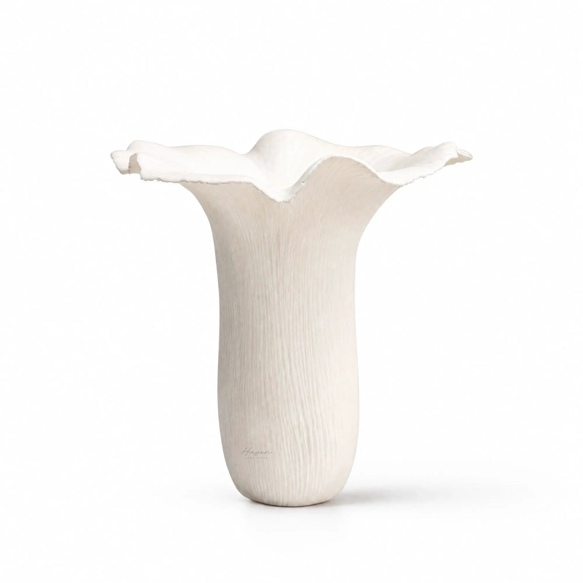 White bone china mushroom vase featuring an organic, undulating rim and subtle vertical texture for a delicate, sculptural look.