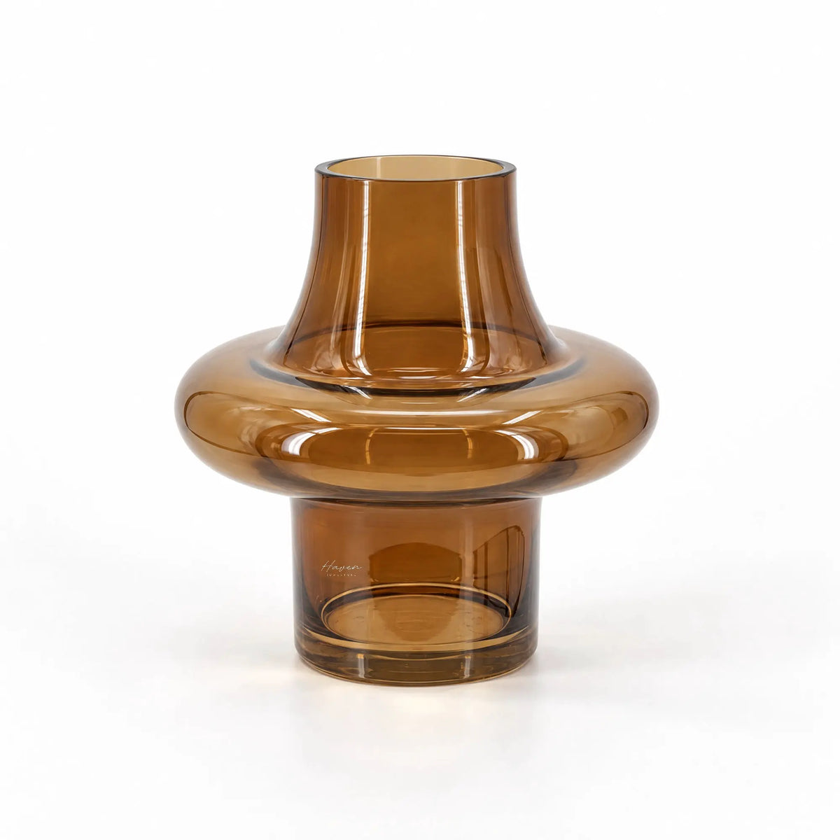 Sculptural tobacco-toned glass vase featuring a broad, rounded central volume, narrower neck, and cylindrical base for a modern look.