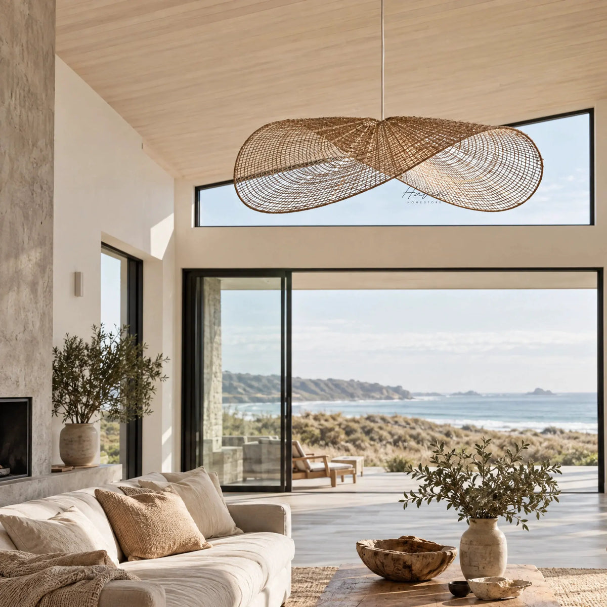 Woven jute hanging lightshade with a sweeping wing-like profile and open texture, adding architectural presence to a coastal living room.